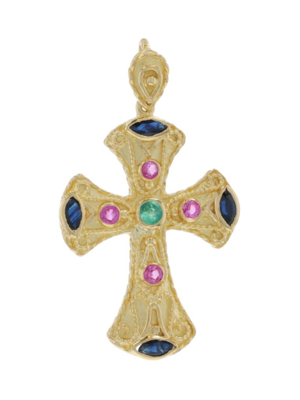 Yellow Gold Sapphire Ruby Emerald Cross Pendant - 18k Marquise .80ctw Faith